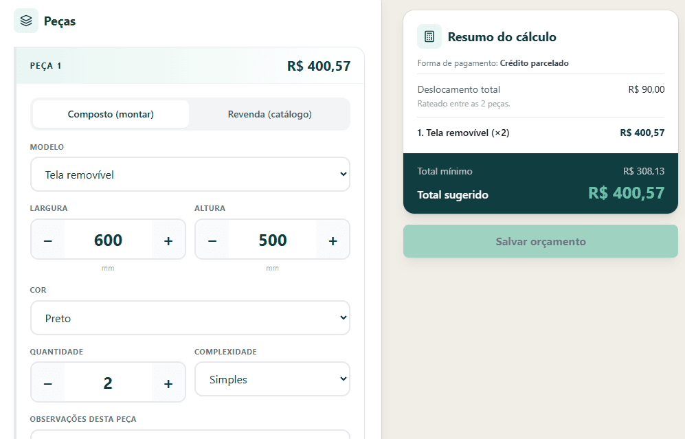 Tela de entrada de medidas da Calculadora Engenho Pro
